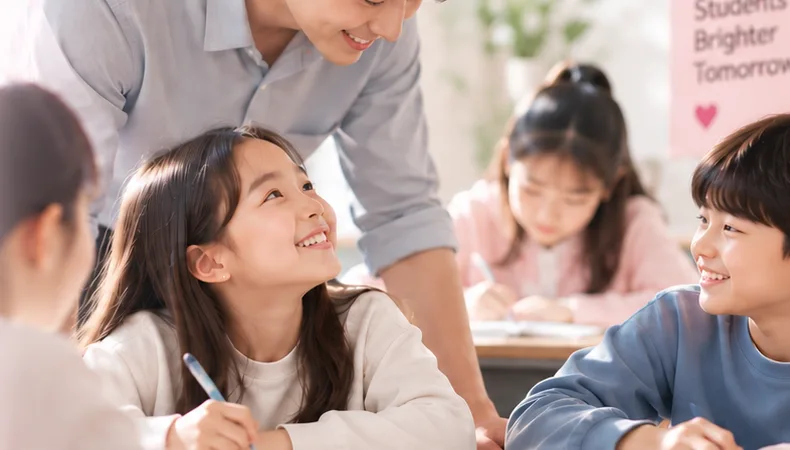 학생들과 웃으며 수업하는 선생님